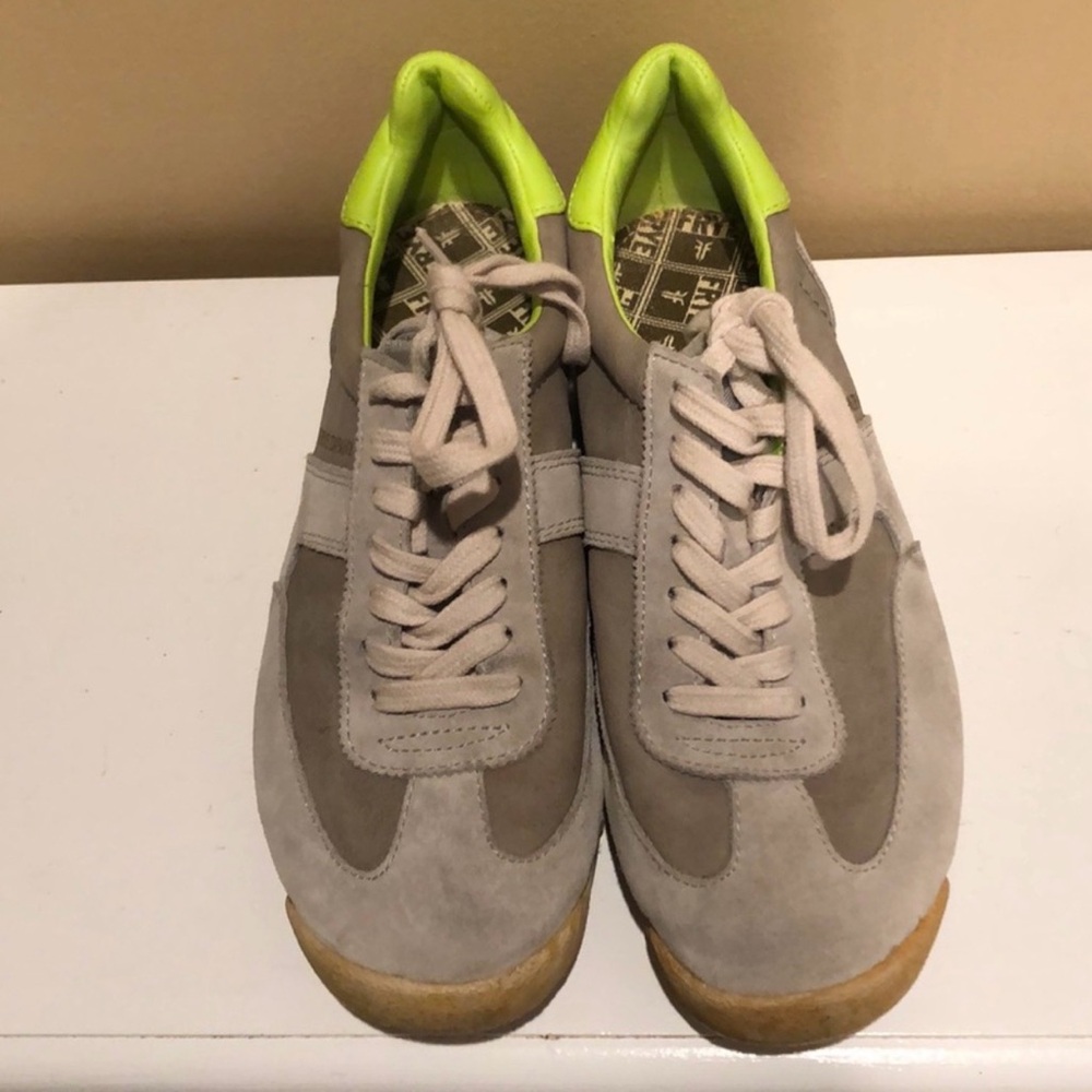 Frye Beige Gray and Neon Yellow-Lime Leather Sneakers